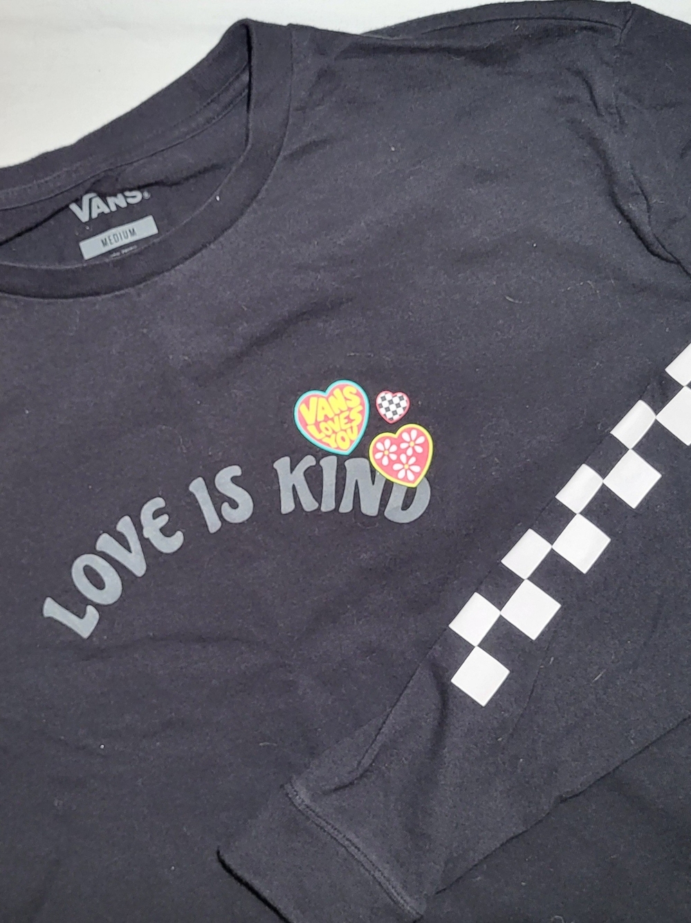 Vans Black 'Love Is Kind' Long Sleeve Tee with Checkerboard Sleeve